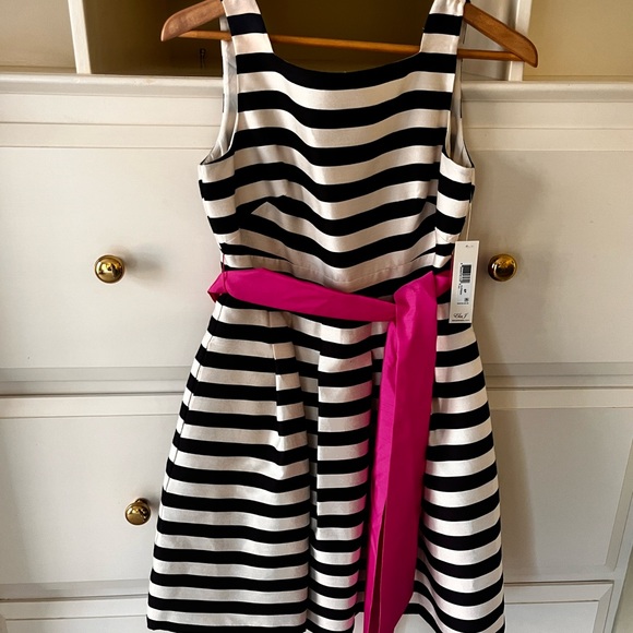 Eliza J party dress .  Navy and cream with pink belt . - Picture 1 of 2